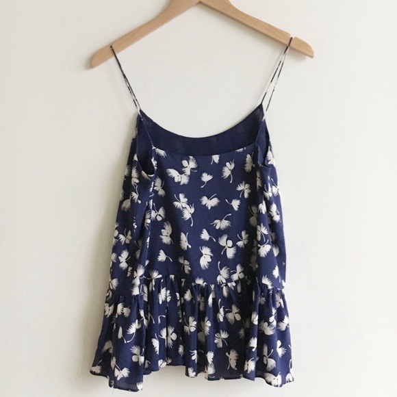 CLUB MONACO BENICIA CAMISOLE TANK TOP BLOUSE NAVY FLORAL RUFFLE PEPLUM SILK XS - Picture 3 of 7